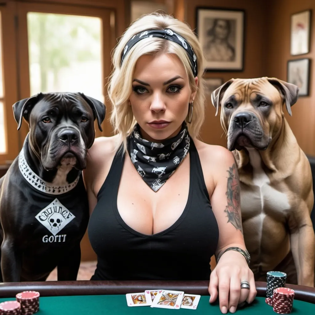 Prompt: Blonde female showing cleavage and tattoos wearing a black tank top and black and white bandana over the bottom half of her face with a cane cursor mastiff a bully looking gotti pitbull cane corso  playing poker with Freddy cruger, chucky  and jason 