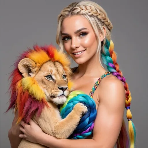 Prompt: Blonde female rainbow micro braided hair revealing extra large cleavage holding a baby lion in her arms