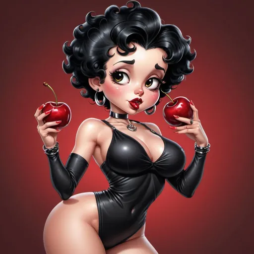 Prompt: Betty boop hip-hop character female with extra large revealing cleavage and holy freyed black tight outfit eand eating a large cherry