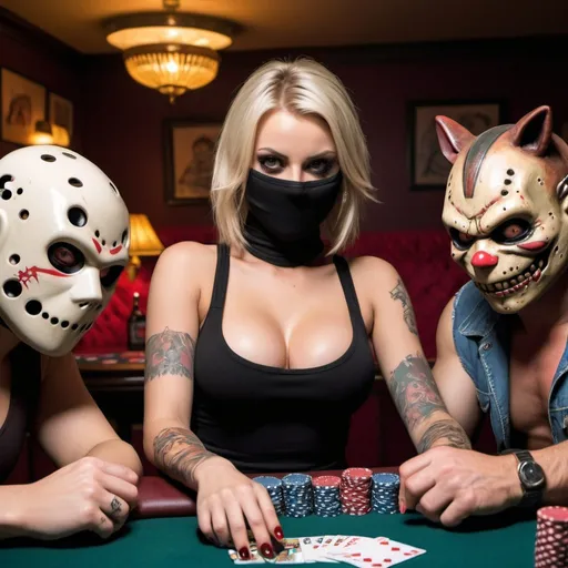 Prompt: Blonde female wearing a balaclava and a tanktop wirh cleavage and tattoos playing poker with Freddy cruger, chucky  and jason