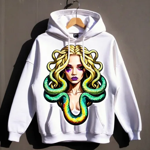 Prompt: Graffiti medusa microbraided blonde long multicolored snake hair cartoon print charachter on a hoodie - sedusa adornment