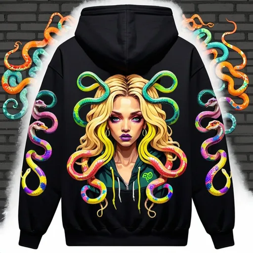 Prompt: Graffiti medusa microbraided blonde long multicolored snake hair cartoon print charachter on a hoodie - sedusa adornment