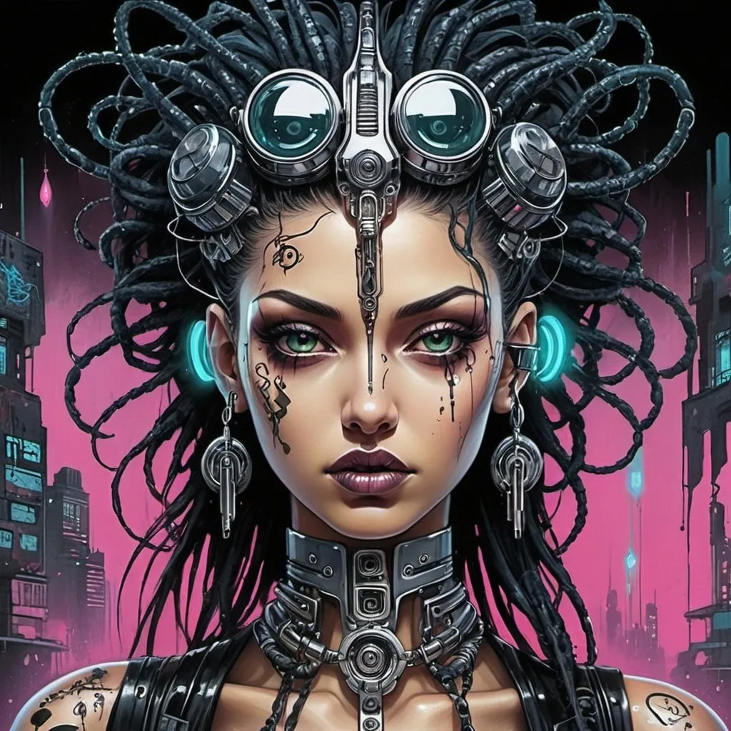 Prompt: Sedusa Adornment graffiti art print cyberpunk chrome 
