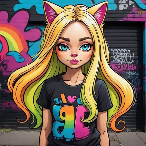 Prompt: Cartoon attitude  characture graffitti blonde neon rainbow long hair the Chester cat and Alice  