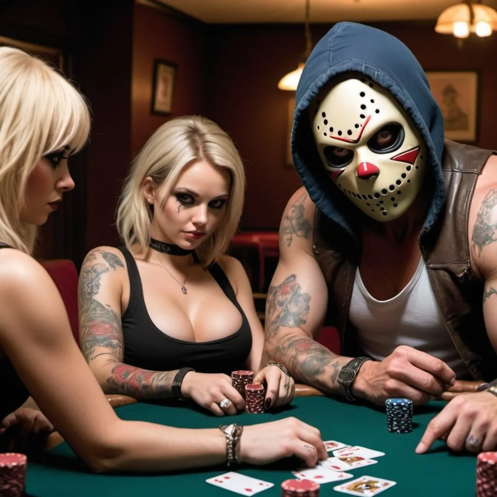 Prompt: Blonde female wearing a balaclava and a tanktop wirh cleavage and tattoos playing poker with Freddy cruger, chucky and jason