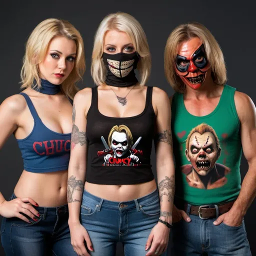 Prompt: Blonde female wearing a balaclava and a tanktop wirh cleavage and tattoos with Freddy cruger, chucky and jason