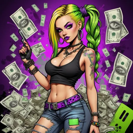 Prompt: A thug ghetto blonde cartoon characture rainbow multicolored microbraided hair female with green eyes revealing extra large cleavage  money dollar bills guns bullets spraypaint and neon purple green yellow pink multicolored graffiti outfit and shoes gothic punk steam punk emo exotic classy gangster stylish original graffiti tech touch graffitti backround 
