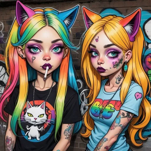 Prompt: Cartoon attitude  characture graffitti blonde neon rainbow long hair the Chester cat and Alice smoking a bong gothic piercings 