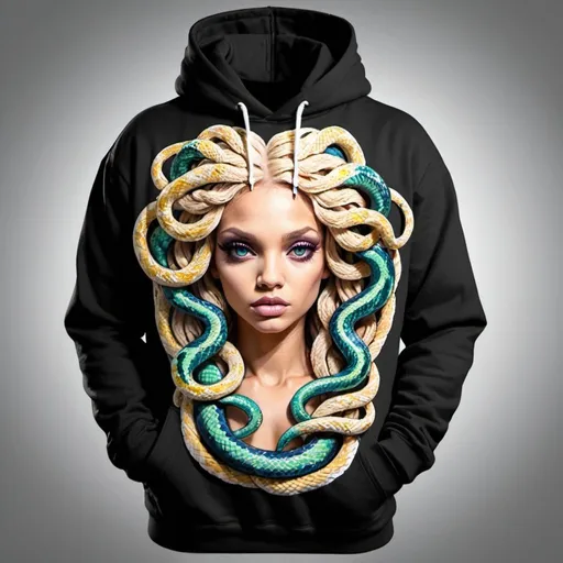 Prompt: Graffit medusa microbraided blonde long multicolored snake hair catoon print charachter on a hoodie - sedusa adornment