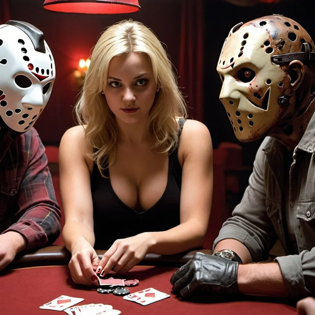 Prompt: Blonde female playing poker with Freddy and jason