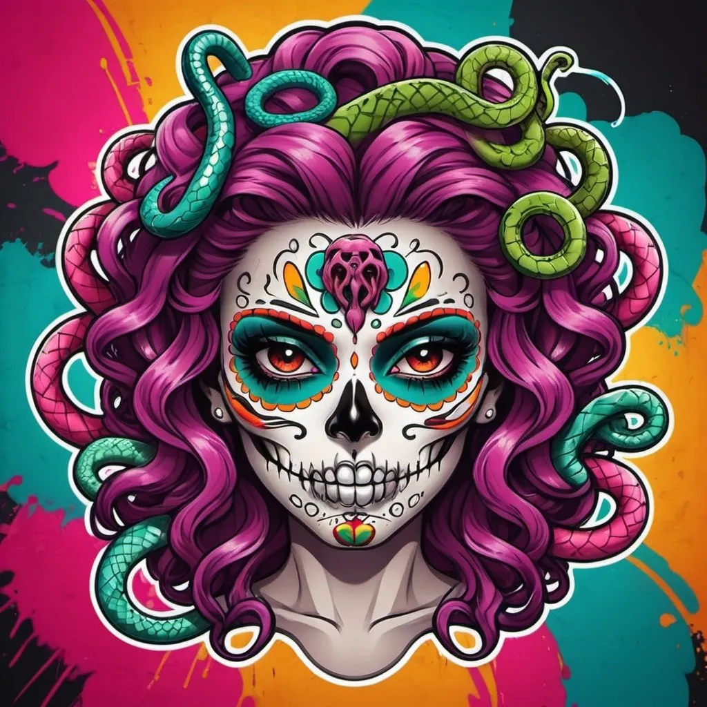 Prompt: Graffiti logo Medusa sugar skull with snake hair colorful graffitti backround 