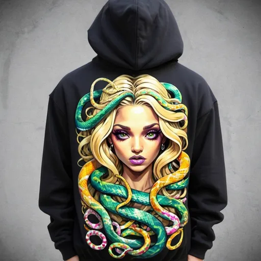 Prompt: Graffiti medusa microbraided blonde long multicolored snake hair cartoon print charachter on a hoodie - sedusa adornment