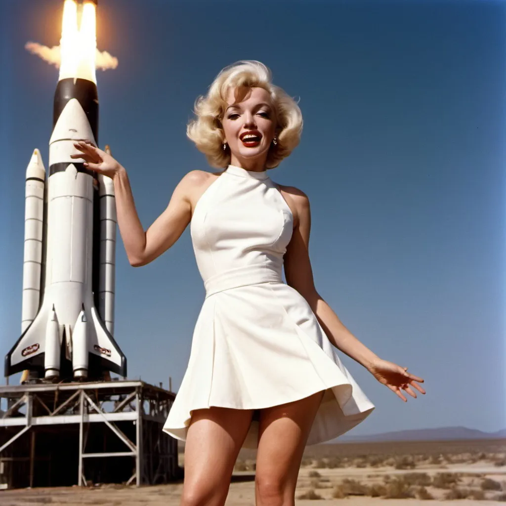 Prompt: Marlyne  Monroe in her famous white mini dress with the wind blowing it up above her waist at one of elon musks rocket launches 