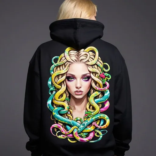 Prompt: Graffit medusa microbraided blonde long multicolored snake hair cartoon print charachter on a hoodie - sedusa adornment