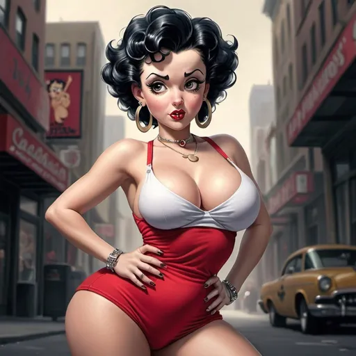 Prompt: Human Betty boop hip-hop female with extra large revealing cleavage 