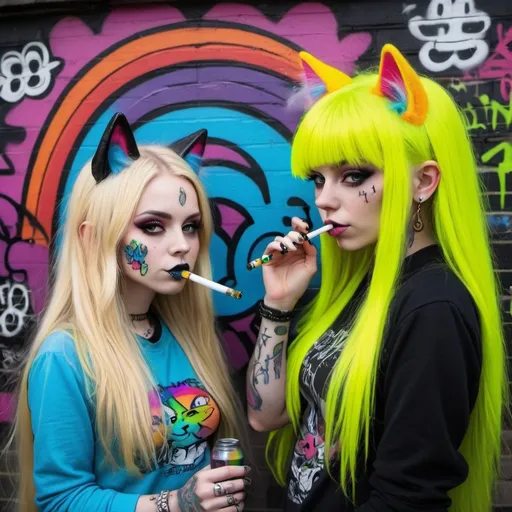 Prompt: Cartoon attitude  characture graffitti blonde neon rainbow long hair the Chester cat and Alice smoking a bong gothic piercings 