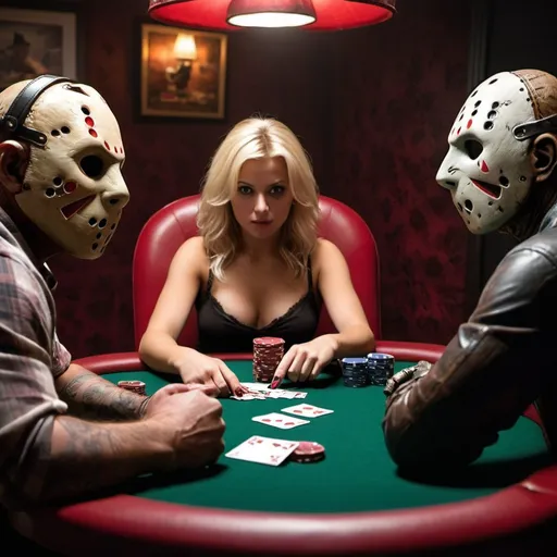 Prompt: Blonde female playing poker with Freddy and jason