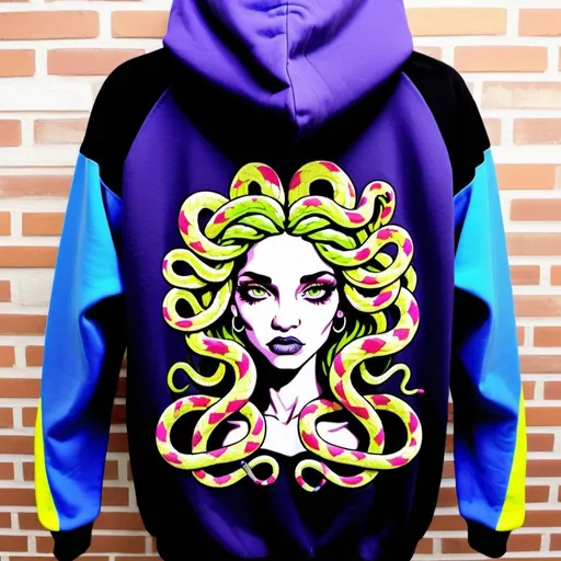 Prompt: Graffiti medusa microbraided blonde long multicolored snake hair cartoon print charachter on a hoodie custom embroided- sedusa adornment