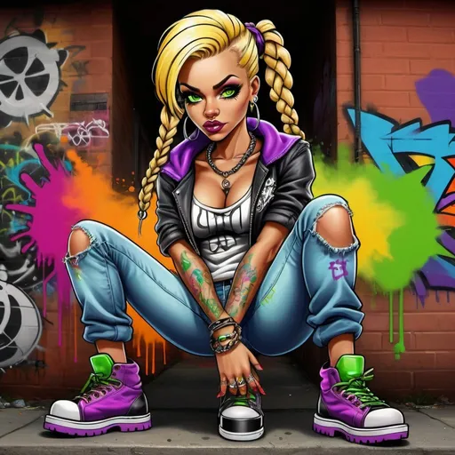Prompt: A gangster ghetto cartoon characture blonde rainbow multicolored microbraided hair female with green eyes revealing extra large cleavage spraypaint and neon purple green yellow pink red blue orange multicolored graffiti outfit and shoes gothic punk steam punk emo exotic classy gangster stylish original graffiti tech touch graffitti backround 
