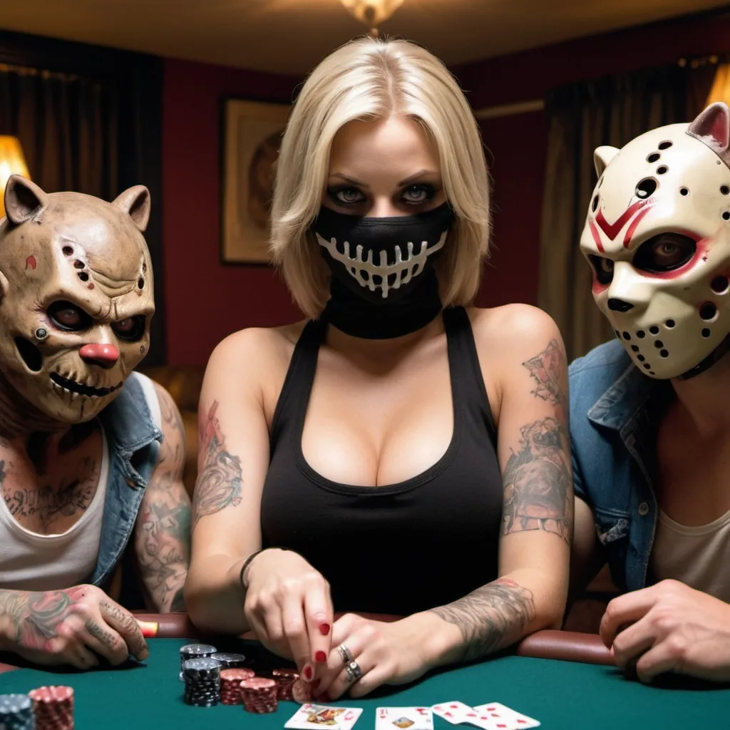 Prompt: Blonde female wearing a balaclava and a tanktop wirh cleavage and tattoos playing poker with Freddy cruger, chucky  and jason