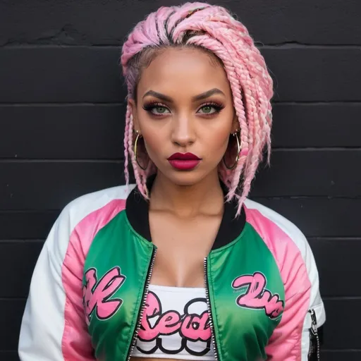 Prompt: Red full lips pastel multicolored microbraided hair green eyes revealing cleavage wearing a pink and white graffitti printed crop top  and sedusa bomber jacket i front of a black wall backround - sedusa adornment