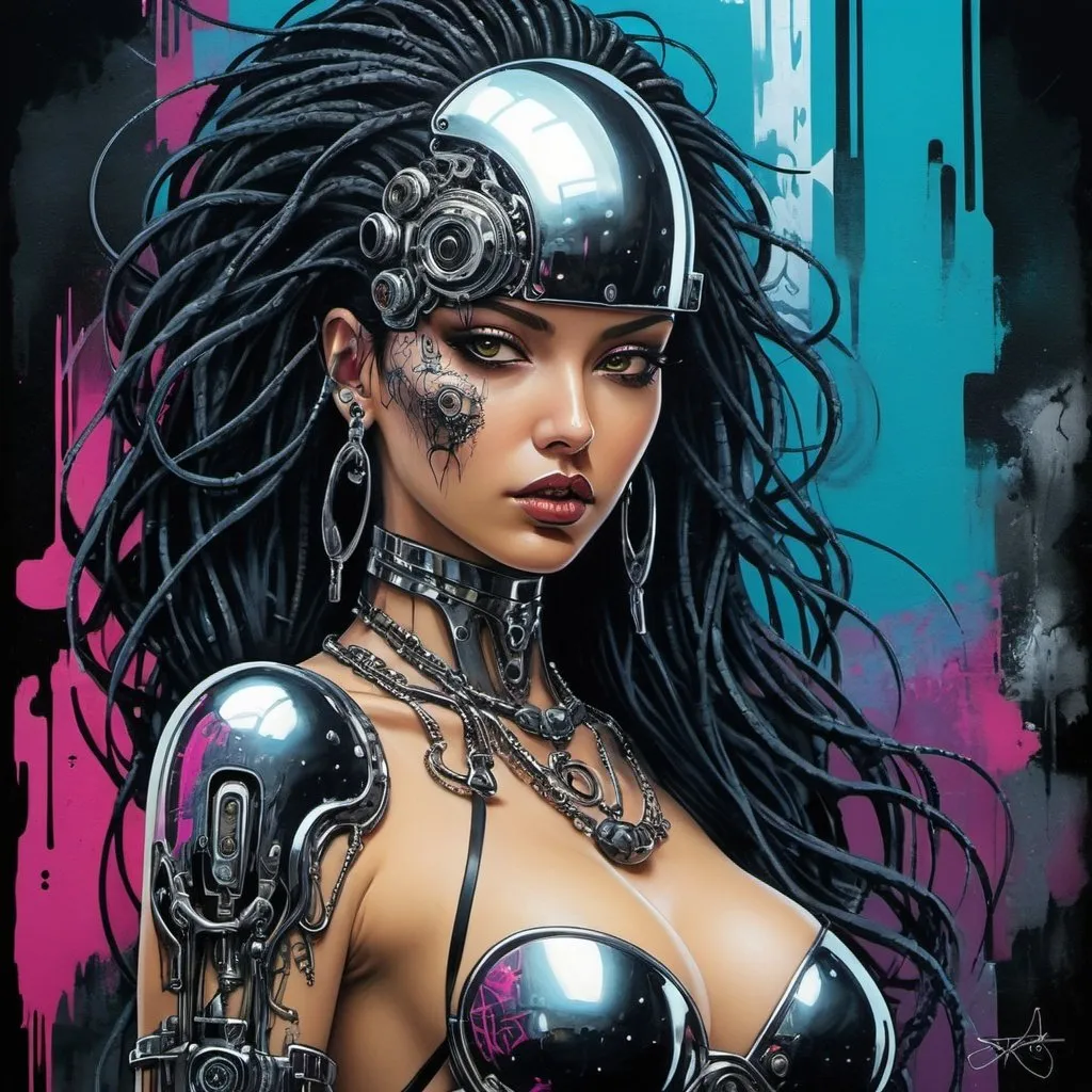 Prompt: Sedusa Adornment graffiti art print cyberpunk chrome 
