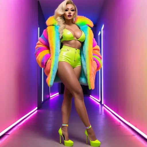 Prompt: Blonde Rainbow neon long designer hair revealing extra large cleavage full lips
with high heel shoes wearing a matching fur bomber jacket matching skimpt outfit
