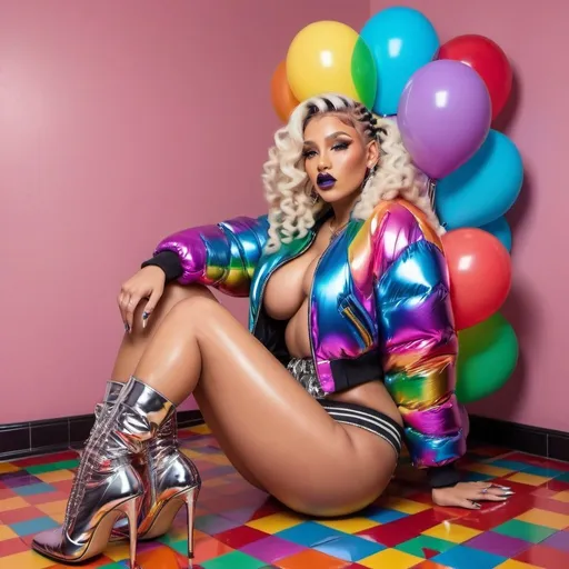 Prompt: Chrome Rainbow medusa microbraided blonde and rainbow hair revealing extra large cleavage full lips
with high heel shoes wearing a matching fur bomber jacket and enchanting revealing matching outfit exotic pose and a matching rainbow checkered floor shiney chrome balloons
