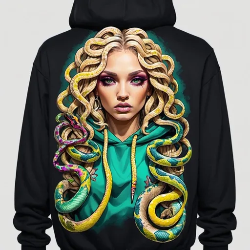 Prompt: Graffit medusa microbraided blonde long multicolored snake hair catoon print charachter on a hoodie - sedusa adornment