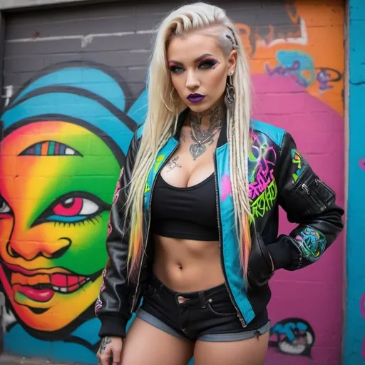 Prompt: Rainbow neon graiffiti Blonde rainbow neon microbraided really long hair leprachaun revealing extra large cleavage full lips bold make up tattoos wearing exotic graffii leather with leather bold graffiti design bomber jacket medusa graffiti outfit cyberpunk  bold graffiti