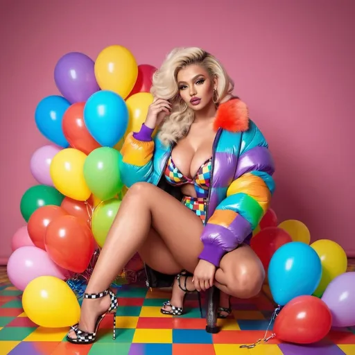 Prompt: Blonde Rainbow neon long designer hair revealing extra large cleavage full lips
with high heel shoes wearing a matching fur bomber jacket and enchanting revealing matching outfit exotic pose and a matching rainbow checkered floor designer balloons
