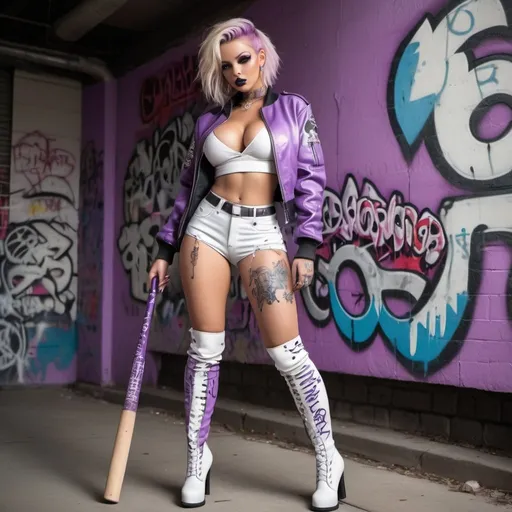Prompt: Human exotic chrome blondish with extra large cleavage small waist big rear end and  tattoos and piercings thigh high boots graffiti leather bomber jacker cyber punk light purple and white  leather outfit with a freddy crugar and jason with a baseball bat