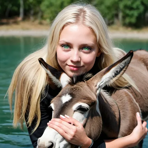 Prompt: A blonde female with green eyes  like the water holding her miniature donkey