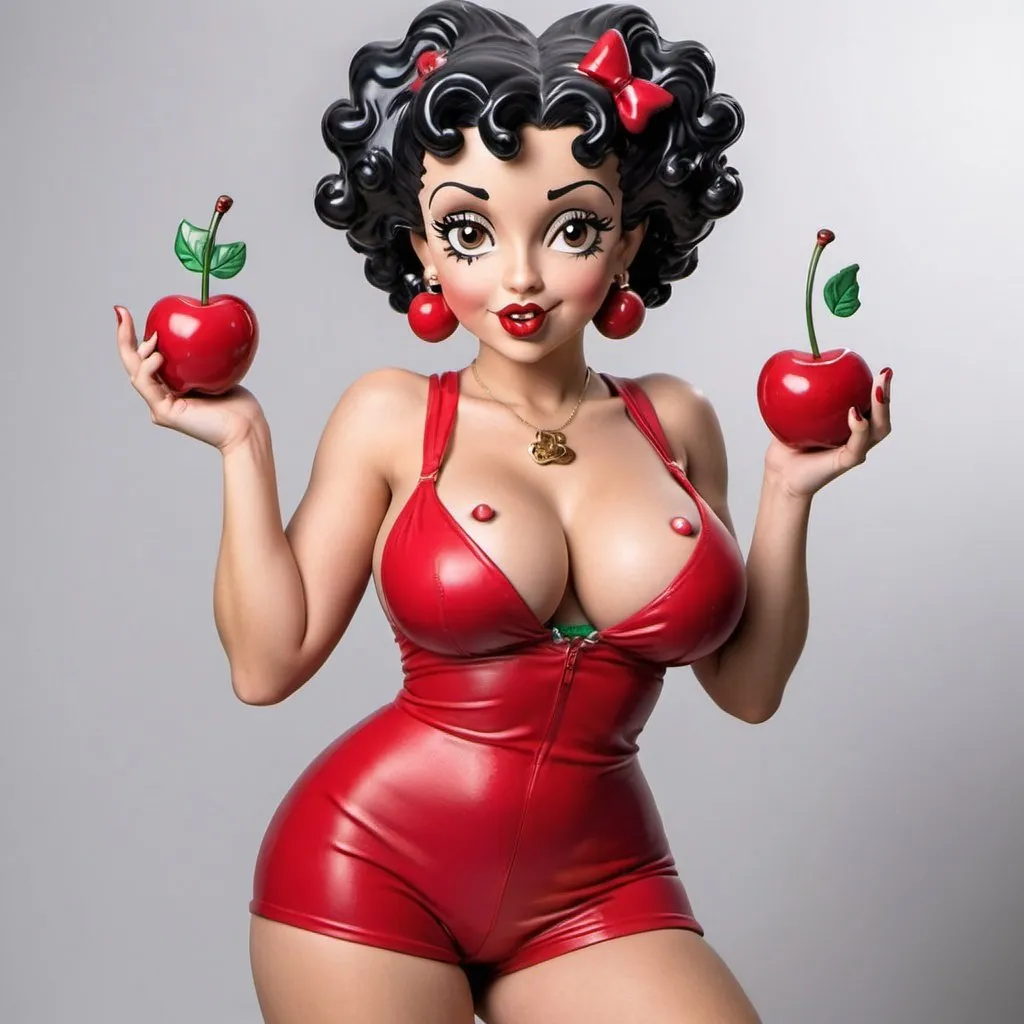 Prompt: Human Betty boop hip-hop female with extra large revealing cleavage and cherry outfit also eating g a cherry cherry decor