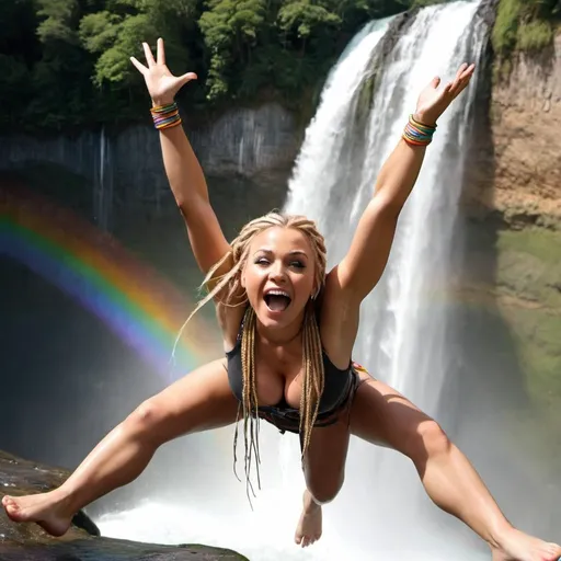 Prompt: Blonde female rainbow microbraided hair revelaing extra large cleavage bunji jumping over a waterfall