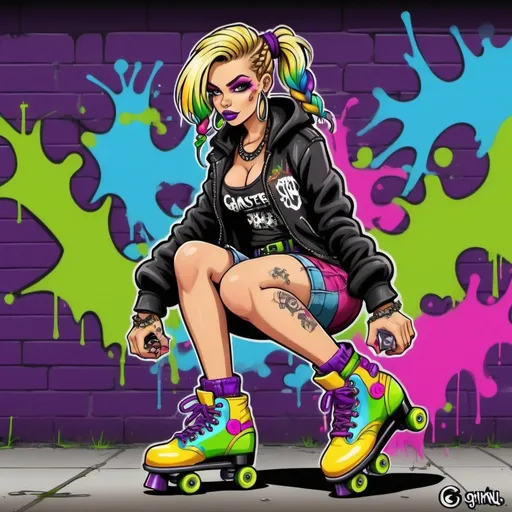 Prompt: A gangster phsyco ghetto cartoon characture blonde rainbow multicolored microbraided hair female with green eyes revealing extra large cleavage on rollerskates spraypaint and neon yellow  purple pink green ed blue purple multicolored graffiti outfit and shoes gothic punk steam punk emo exotic classy gangster stylish original graffiti tech touch graffitti backround 
