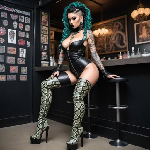 Prompt: I'm exotic medusa hair extra large cleavage small waist big rear end and  tattoos and piercings thigh high boots cyber punk snake skin and black lace outfit thigh high heel leather snake skin boots