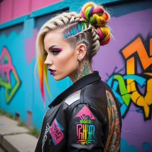 Prompt: Rainbow neon Blonde microbraided updo really long hair rainbow hair some hanging down messy bun style leprachaun revealing extra large cleavage full lips bold make up tattoos wearing exotic graffii leather with leather bold graffiti design bomber jacket medusa graffiti outfit cyberpunk  bold graffiti