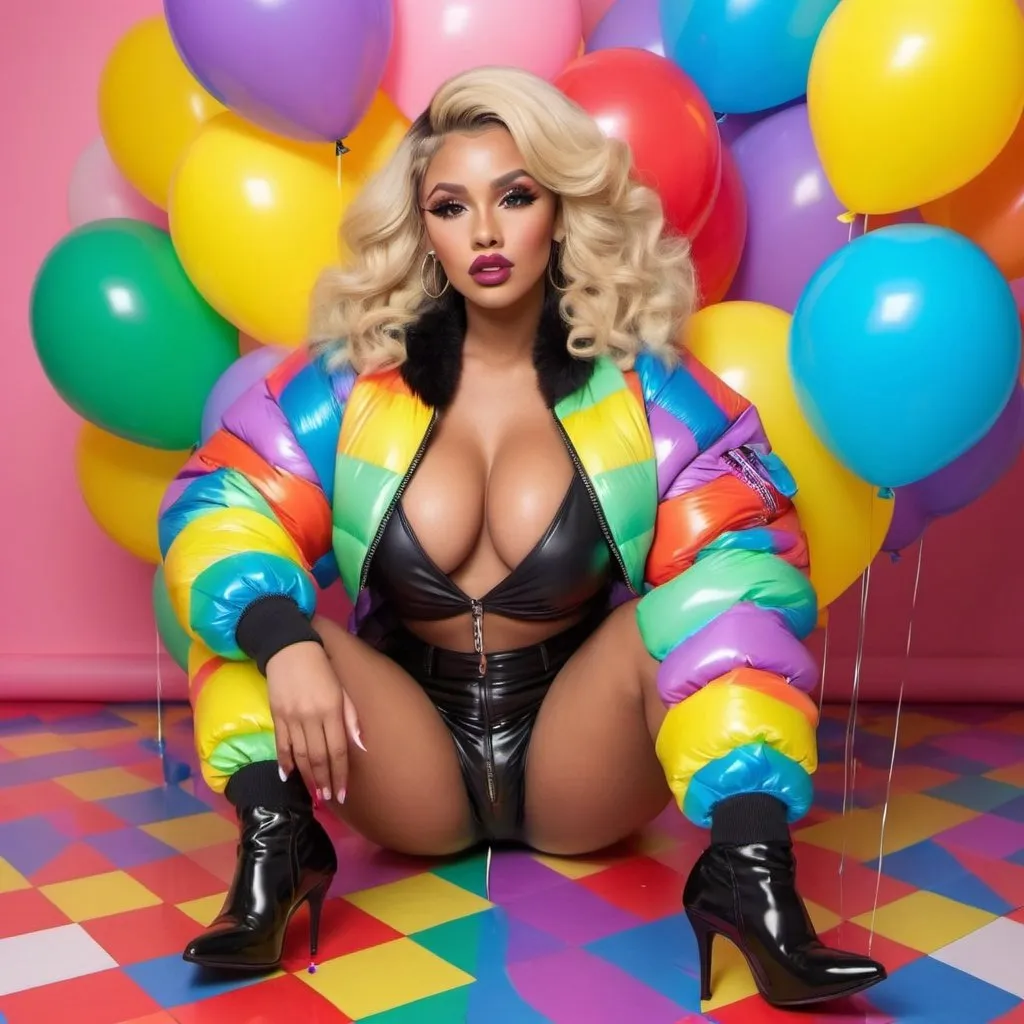 Prompt: Blonde Rainbow neon long designer hair revealing extra large cleavage full lips
with high heel shoes wearing a matching fur bomber jacket matching skimpt outfit exotic pose and a matching rainbow checkered floor designer balloons
