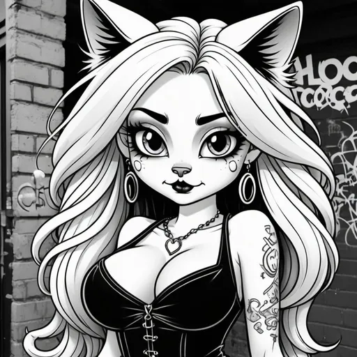 Prompt: Coloring page Cartoon attitude characture graffitti long hair revealing extra large cleavage the Chester cat and gothic piercings 