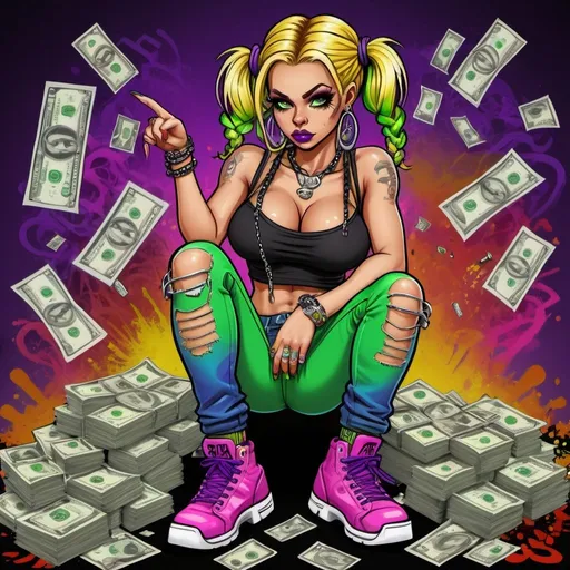 Prompt: A thug ghetto blonde cartoon characture rainbow multicolored microbraided hair female with green eyes revealing extra large cleavage  money dollar bills guns bullets spraypaint and neon purple green yellow pink multicolored graffiti outfit and shoes gothic punk steam punk emo exotic classy gangster stylish original graffiti tech touch graffitti backround 
