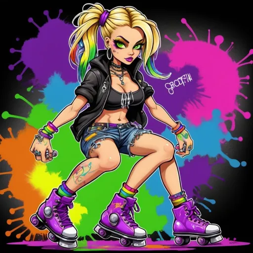 Prompt: A gangster phsyco ghetto cartoon characture blonde rainbow multicolored microbraided hair female with green eyes revealing extra large cleavage on rollerskates spraypaint and neon yellow  purple pink green ed blue purple multicolored graffiti outfit and shoes gothic punk steam punk emo exotic classy gangster stylish original graffiti tech touch graffitti backround 
