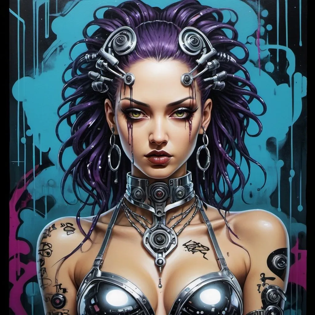 Prompt: Sedusa Adornment graffiti art print cyberpunk chrome 
