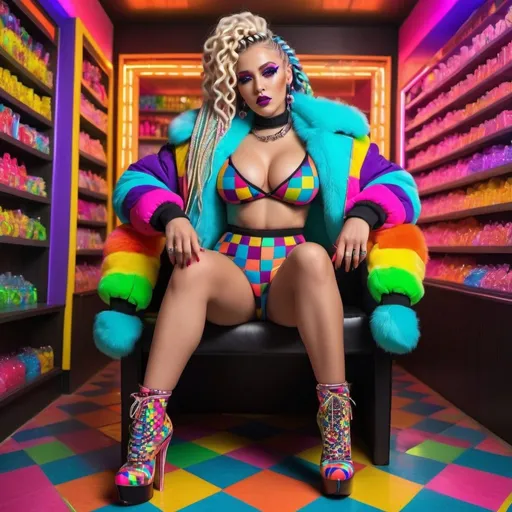 Prompt: Neon cyberpunk medusa microbraided blonde and rainbow hair revealing extra large cleavage full lips
with high heel shoes wearing a matching fur bomber jacket and enchanting revealing matching outfit exotic pose  and a matching rainbow checkered floor designer candy pops
