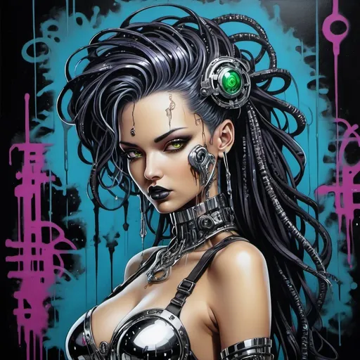 Prompt: Sedusa Adornment graffiti art print cyberpunk chrome 
