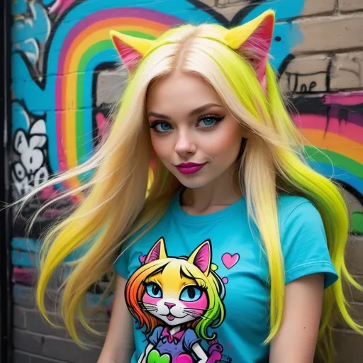 Prompt: Cartoon attitude  characture graffitti blonde neon rainbow long hair the Chester cat and Alice  