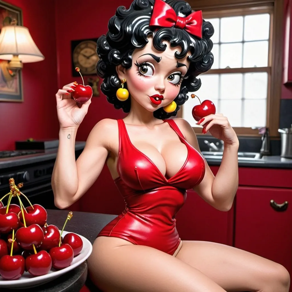 Prompt: Human Betty boop hip-hop female with extra large revealing cleavage and cherry outfit also eating g a cherry cherry decor