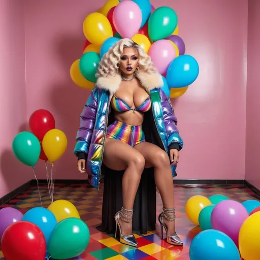 Prompt: Chrome Rainbow medusa microbraided blonde and rainbow hair revealing extra large cleavage full lips
with high heel shoes wearing a matching fur bomber jacket and enchanting revealing matching outfit exotic pose and a matching rainbow checkered floor chrome balloons
