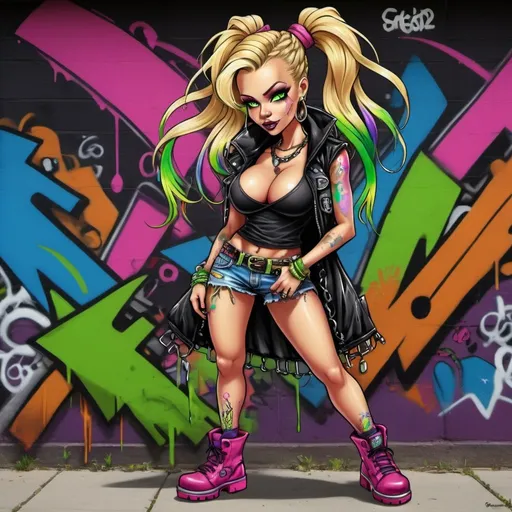 Prompt: A gangster phsyco ghetto cartoon characture blonde rainbow multicolored microbraided hair female with green eyes revealing extra large cleavage spraypaint and neon pink green yellow red blue purple multicolored graffiti outfit and shoes gothic punk steam punk emo exotic classy gangster stylish original graffiti tech touch graffitti backround 
