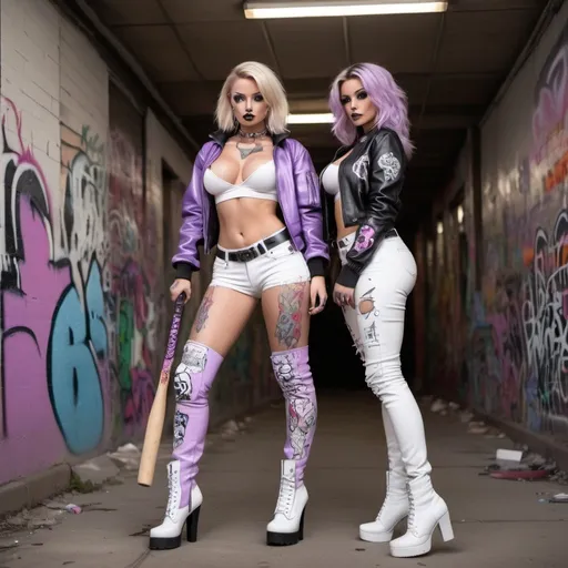 Prompt: Human exotic chrome blondish with extra large cleavage small waist big rear end and  tattoos and piercings thigh high boots graffiti leather bomber jacker cyber punk light purple and white  leather outfit with a freddy crugar and jason with a baseball bat